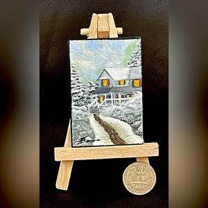 Miniature 2”x3” Thomas Kinkade style landscape painting with easel